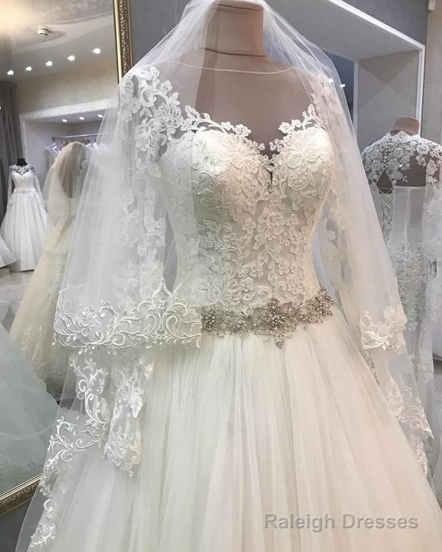 A-Line Crystal Beaded Sashes Lace Appliques Long Sleeves Tulle Wedding Dress Secondary image