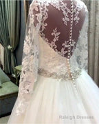 A-Line Crystal Beaded Sashes Lace Appliques Long Sleeves Tulle Wedding Dress