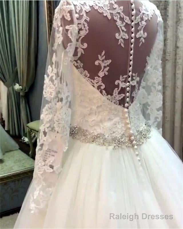 A-Line Crystal Beaded Sashes Lace Appliques Long Sleeves Tulle Wedding Dress