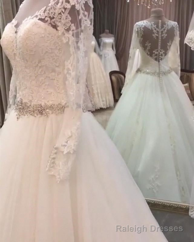 A-Line Crystal Beaded Sashes Lace Appliques Long Sleeves Tulle Wedding Dress