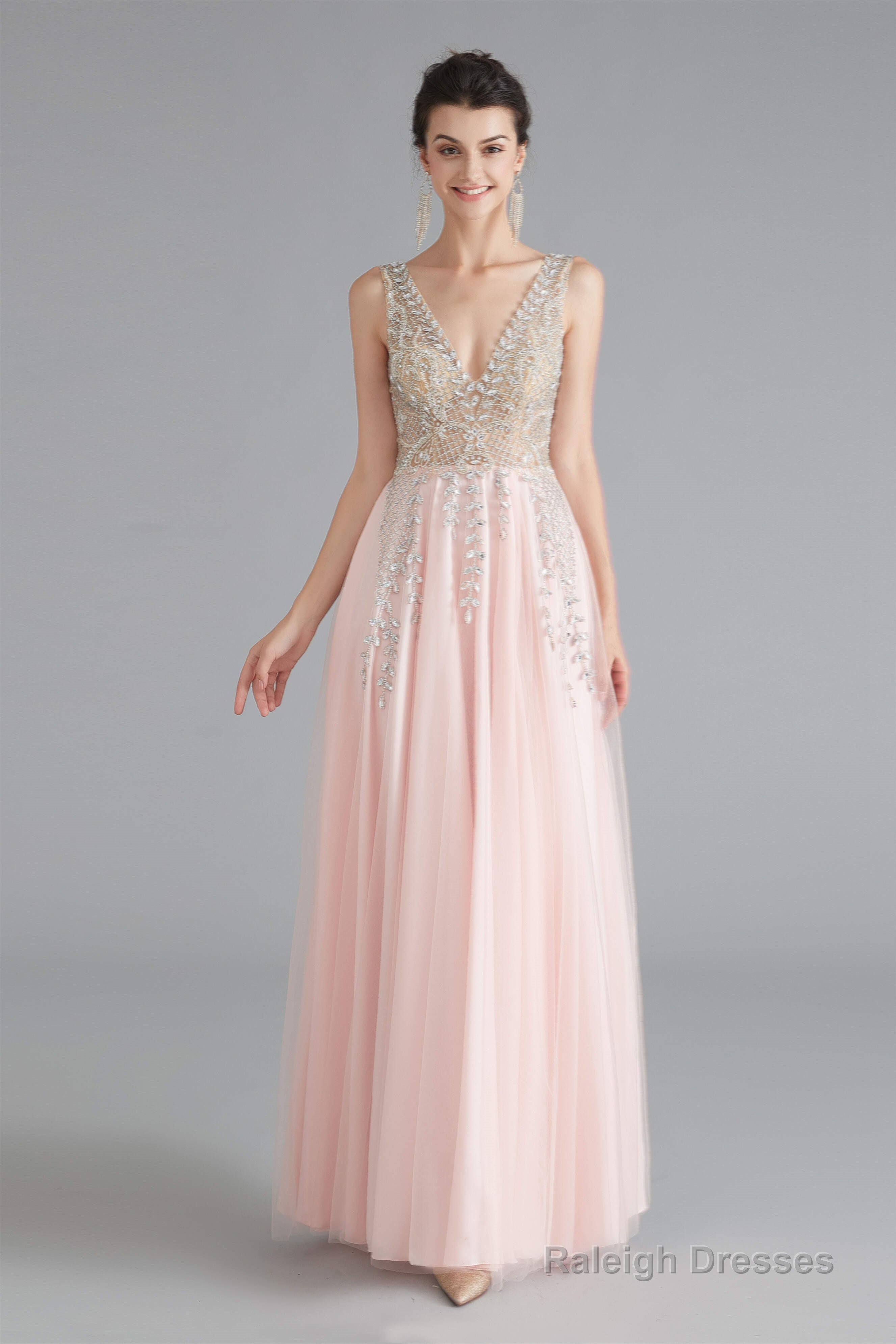 A Line Crystal Pink Split V Neck Backless Beaded Prom Dresses Main image