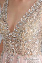 A Line Crystal Pink Split V Neck Backless Beaded Prom Dresses