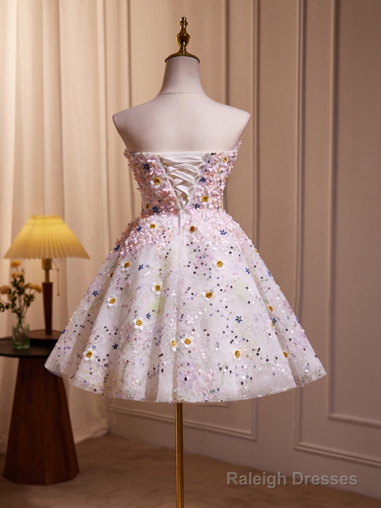 A-Line Cute Sweetheart Neck Flower Short Prom Dresses Flower Sequin Homecoming Dresses