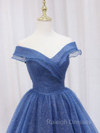 A-Line Dark Blue Tulle Long Prom Dresses, Blue Formal Evening Dress