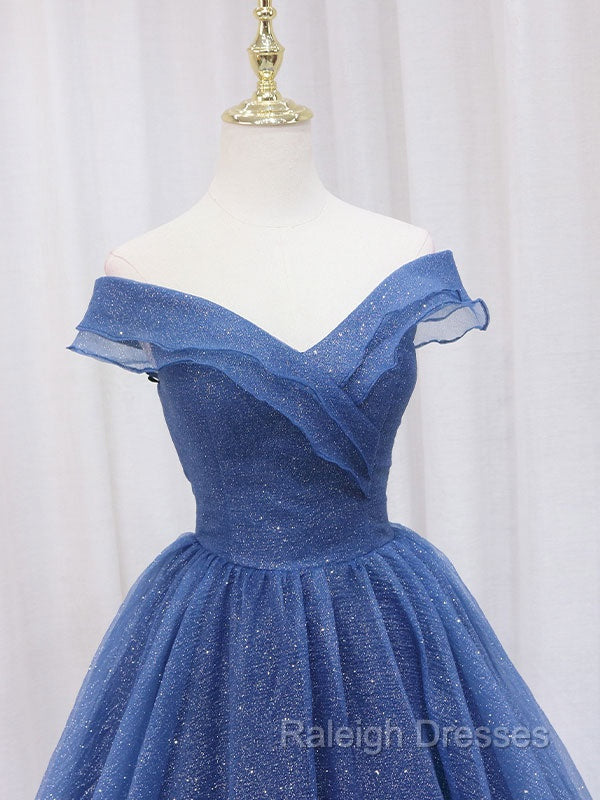A-Line Dark Blue Tulle Long Prom Dresses, Blue Formal Evening Dress
