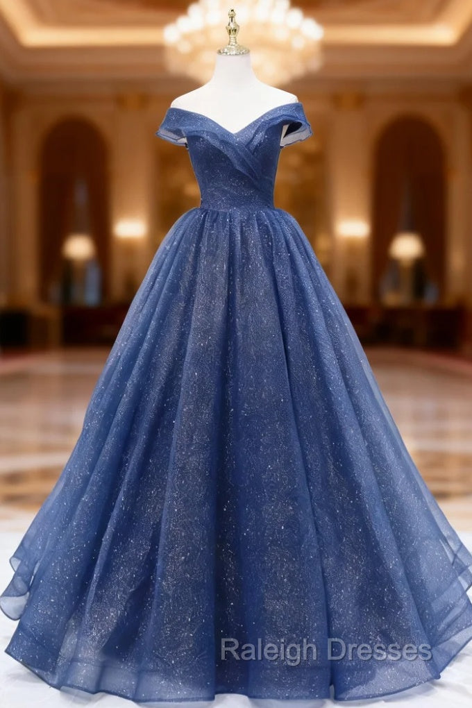 A-Line Dark Blue Tulle Long Prom Dresses, Blue Formal Evening Dress Main image