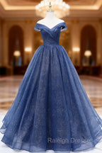 A-Line Dark Blue Tulle Long Prom Dresses, Blue Formal Evening Dress