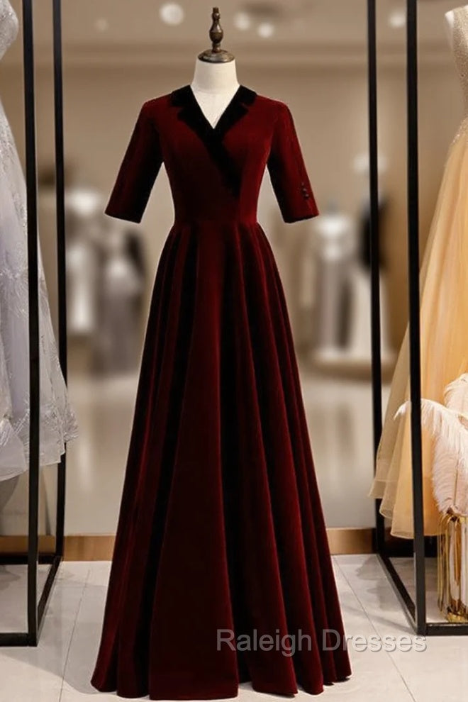 A Line Dark Burgundy Short Sleeve V Neck Prom Dress