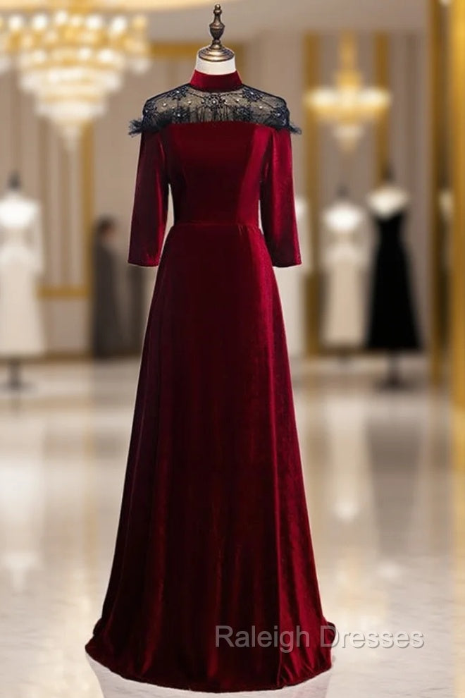 A-Line Dark Burgundy Velvet High Neck Short Sleeve Prom Dress