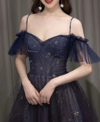 A-Line Dark Purple Tulle Long Prom Dresses Purple Prom Dress