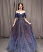 A-Line Dark Purple Tulle Long Prom Dresses Purple Prom Dress