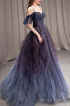 A Line Dark Purple Tulle Long Prom Dress, Purple Formal Prom Dresses