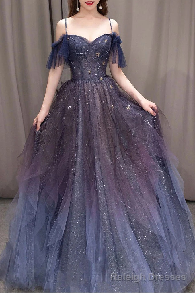 A Line Dark Purple Tulle Long Prom Dress, Purple Formal Prom Dresses Main image
