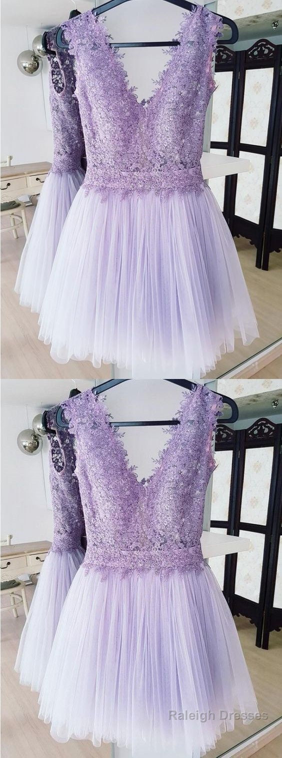 A-Line Deep V-Neck Backless Lilac Short Homecoming Dresses With Lace Main image