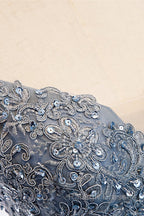 A Line Deep V Neck Beaded Appliques Multi-Layers Hi-Low Prom Dresses