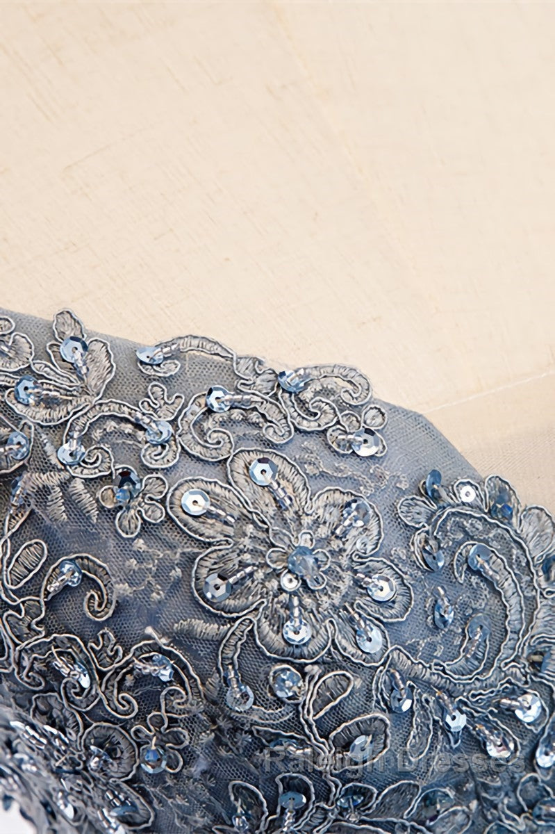 A Line Deep V Neck Beaded Appliques Multi-Layers Hi-Low Prom Dresses