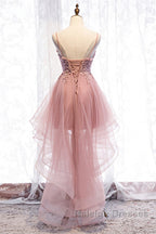 A Line Deep V Neck Beaded Appliques Multi-Layers Hi-Low Prom Dresses
