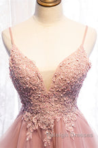 A Line Deep V Neck Beaded Appliques Multi-Layers Hi-Low Prom Dresses