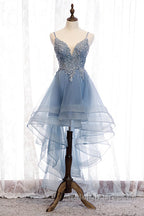 A Line Deep V Neck Beaded Appliques Multi-Layers Hi-Low Prom Dresses