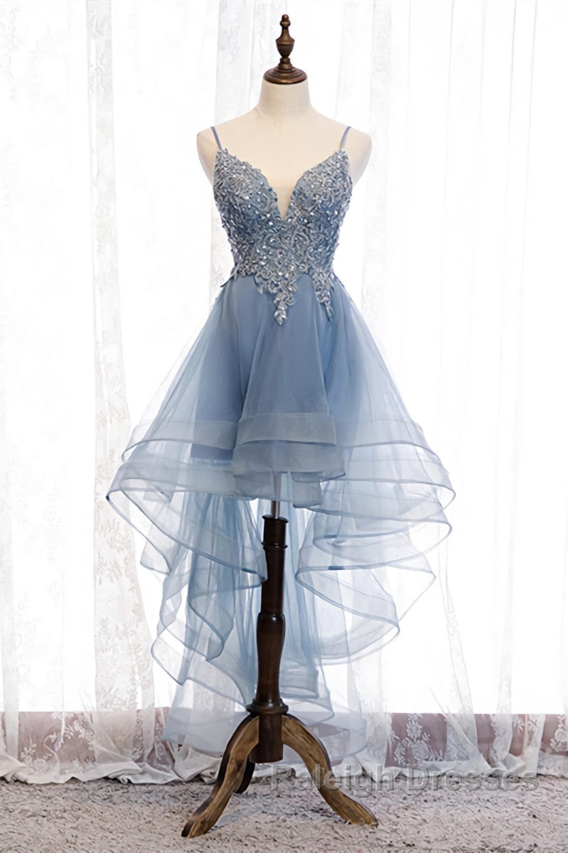 A Line Deep V Neck Beaded Appliques Multi-Layers Hi-Low Prom Dresses