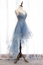 A Line Deep V Neck Beaded Appliques Multi-Layers Hi-Low Prom Dresses
