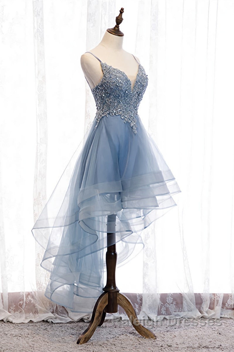 A Line Deep V Neck Beaded Appliques Multi-Layers Hi-Low Prom Dresses
