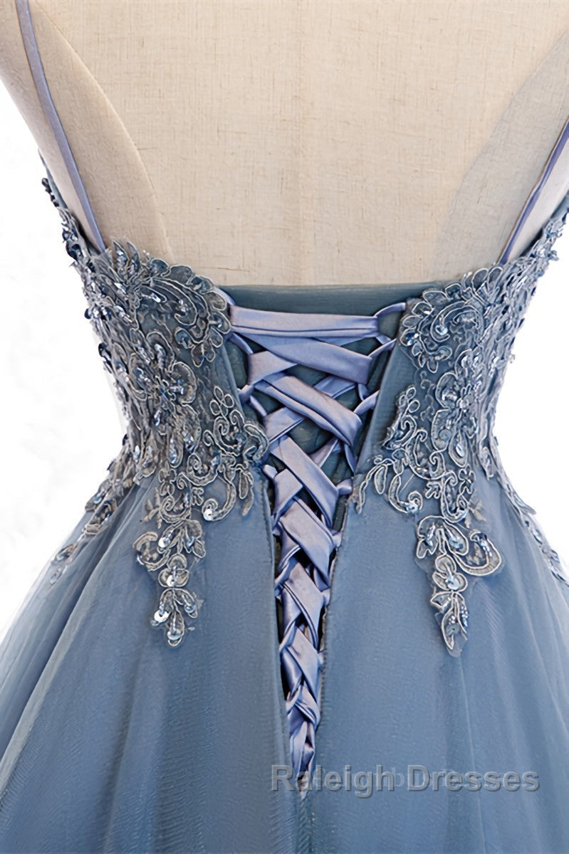 A Line Deep V Neck Beaded Appliques Multi-Layers Hi-Low Prom Dresses