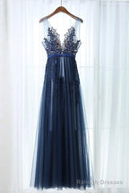 A-Line Deep V-Neck Floor-Length Navy Blue Tulle Prom Dress With Appliques