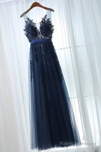 A-Line Deep V-Neck Floor-Length Navy Blue Tulle Prom Dress With Appliques