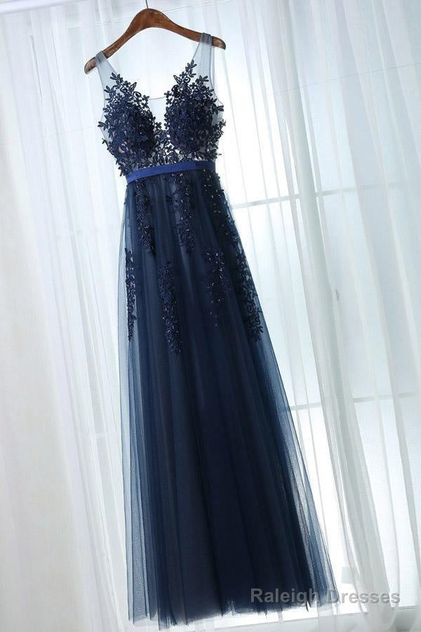 A-Line Deep V-Neck Floor-Length Navy Blue Tulle Prom Dress With Appliques Main image