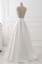 A-Line Deep V-Neck Sleeveless Open Back Sweep Train Prom Dresses/ Wedding Dresses With Sequins