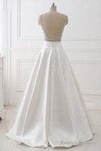 A-Line Deep V-Neck Sleeveless Open Back Sweep Train Prom Dresses/ Wedding Dresses With Sequins