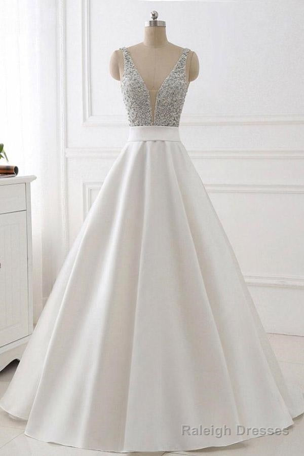 A-Line Deep V-Neck Sleeveless Open Back Sweep Train Formal Dress/ Wedding Dress With Sequins Main image