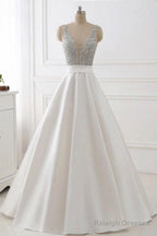 A-Line Deep V-Neck Sleeveless Open Back Sweep Train Prom Dresses/ Wedding Dresses With Sequins
