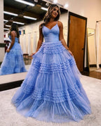 A Line Deep V Neck Tiered Long Glitter Tulle Prom Dress