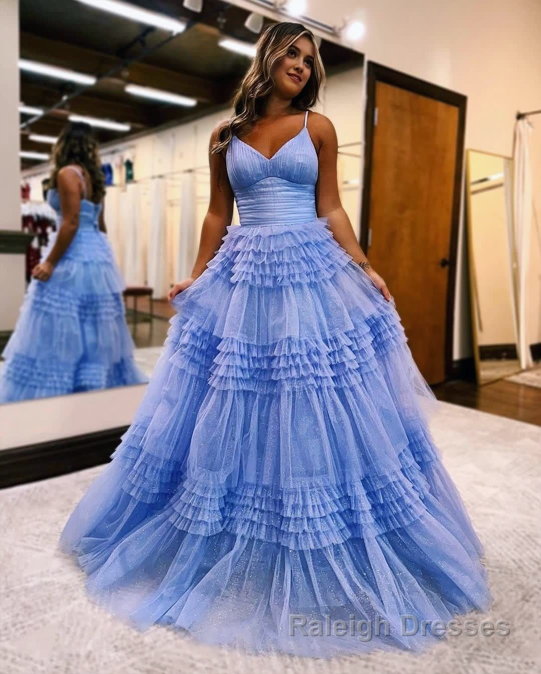 A Line Deep V Neck Tiered Long Glitter Tulle Prom Dress