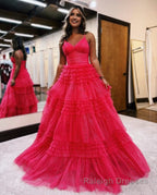 A Line Deep V Neck Tiered Long Glitter Tulle Prom Dress