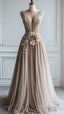 A-Line Deep V Neck Tulle Applique Long Ball Gown Bridesmaid Dress