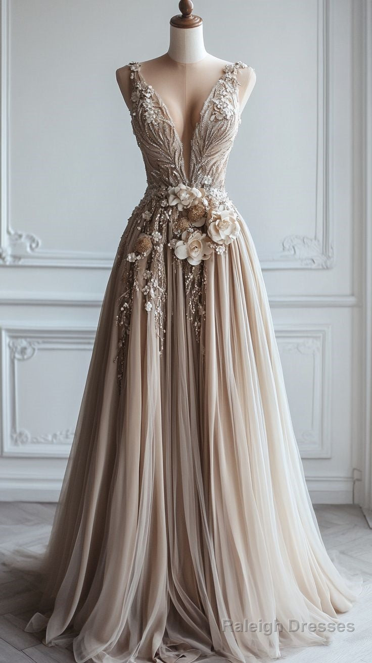 A-Line Deep V Neck Tulle Applique Long Ball Gowns Bridesmaid Dresses
