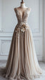 A-Line Deep V Neck Tulle Applique Long Ball Gowns Bridesmaid Dresses