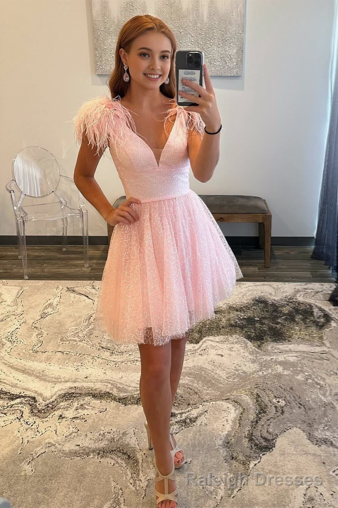 A Line Deep V Neck Tulle Homecoming Dress with Feathers
