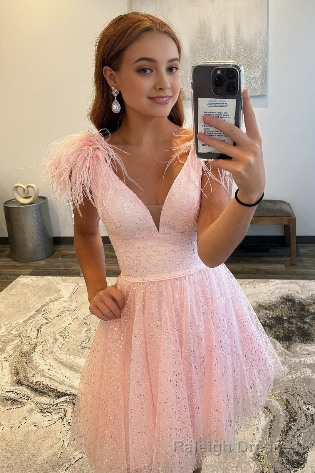 A Line Deep V Neck Tulle Homecoming Dress with Feathers Main image