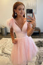 A Line Deep V Neck Tulle Homecoming Dress with Feathers