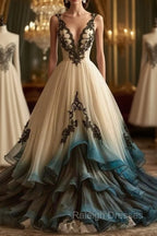 A-Line Deep V Neck Tulle Long Prom Dress Embroidered Applique Evening Dress