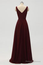 A-Line Double V-Neck Burgundy Bridesmaid Dresses