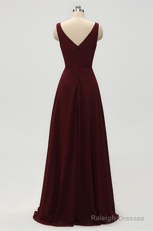 A-Line Double V-Neck Burgundy Bridesmaid Dresses