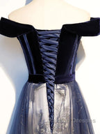 A-Line Elegant Floral Prom Dresses Off Shoulder Short Sleeve Sweep / Brush Train Tulle With Pleats Pattern / Print