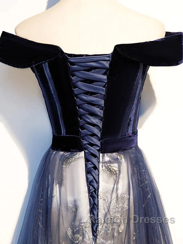 A-Line Elegant Floral Prom Dresses Off Shoulder Short Sleeve Sweep / Brush Train Tulle With Pleats Pattern / Print