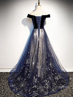 A-Line Elegant Floral Prom Formal Evening Dress Off Shoulder Short Sleeve Sweep / Brush Train Tulle With Pleats Pattern / Print