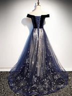 A-Line Elegant Floral Prom Dresses Off Shoulder Short Sleeve Sweep / Brush Train Tulle With Pleats Pattern / Print